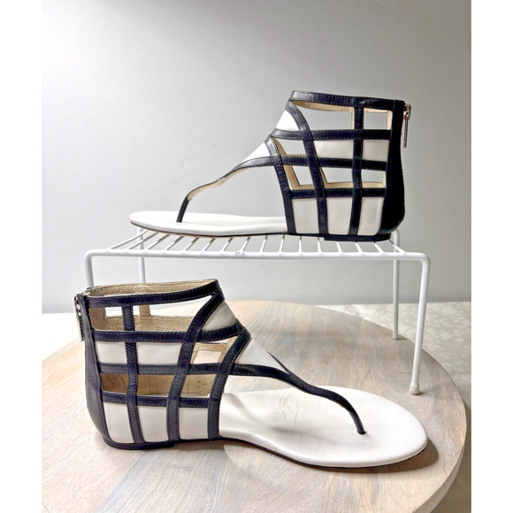 Michael Kors Gladiator Cage Sandals Black White Zip-Up Flat Thong Shoes Size 6.5 - Picture 1 of 9
